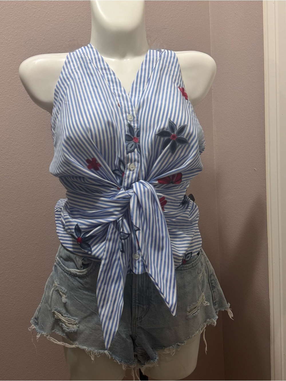 Lively Blue and White Striped Tie-Front Embroidered Button-Down Top